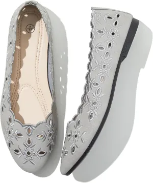 Shupua Women's Comfortable Dress Shoes Ballet Flats Slip On Shoes Black Flats Round Toe PU Leather Flats Summer with Floral Eyelets