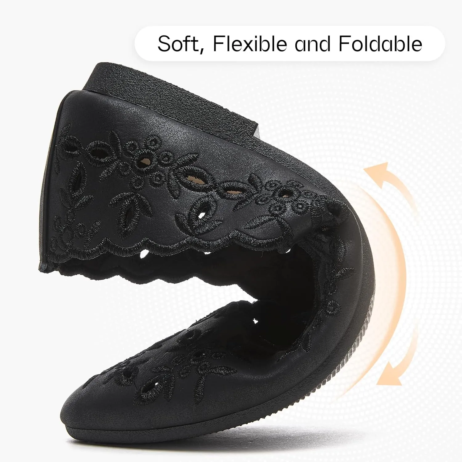 Shupua Women's Comfortable Dress Shoes Ballet Flats Slip On Shoes Black Flats Round Toe PU Leather Flats Summer with Floral Eyelets