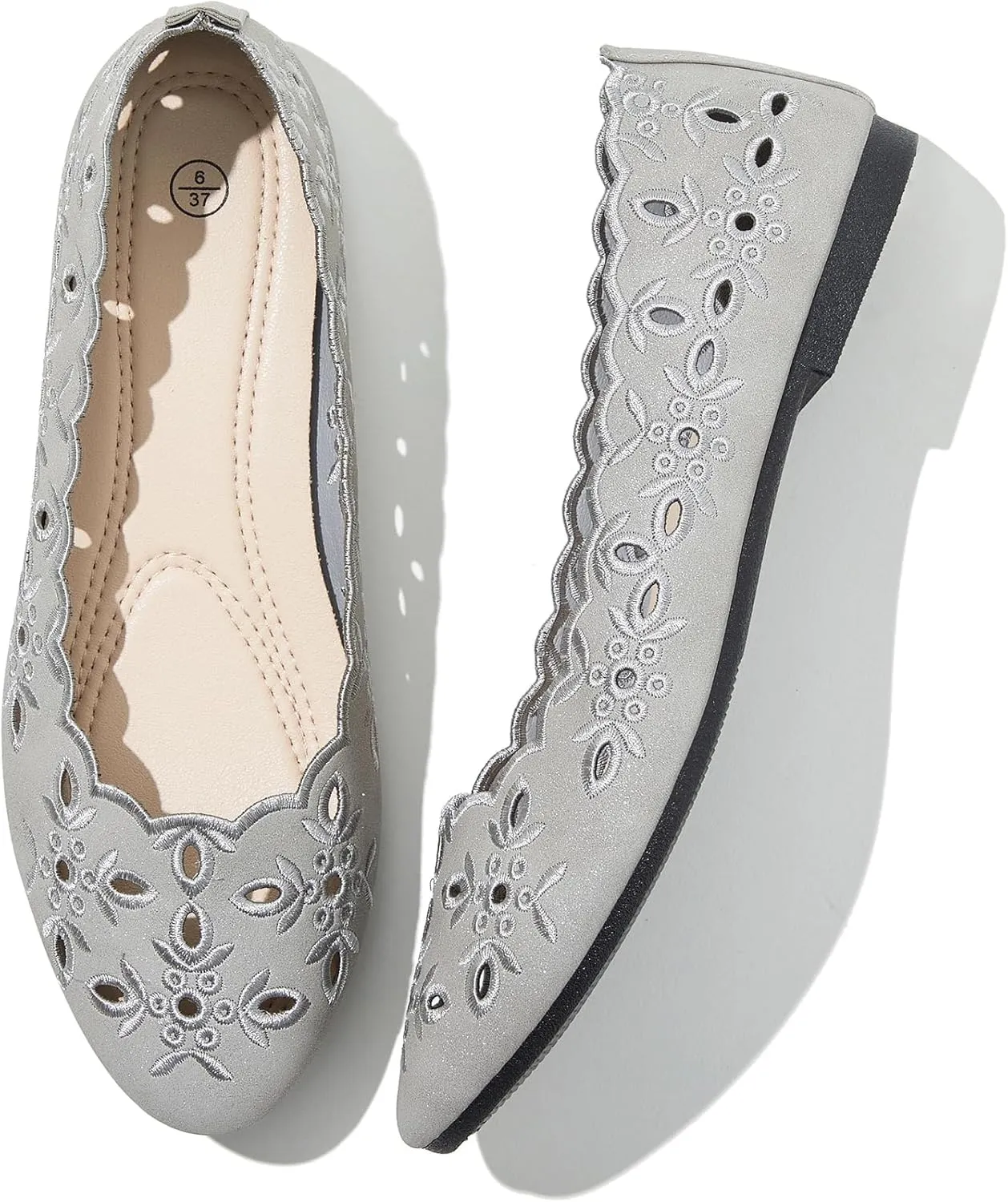 Shupua Women's Comfortable Dress Shoes Ballet Flats Slip On Shoes Black Flats Round Toe PU Leather Flats Summer with Floral Eyelets