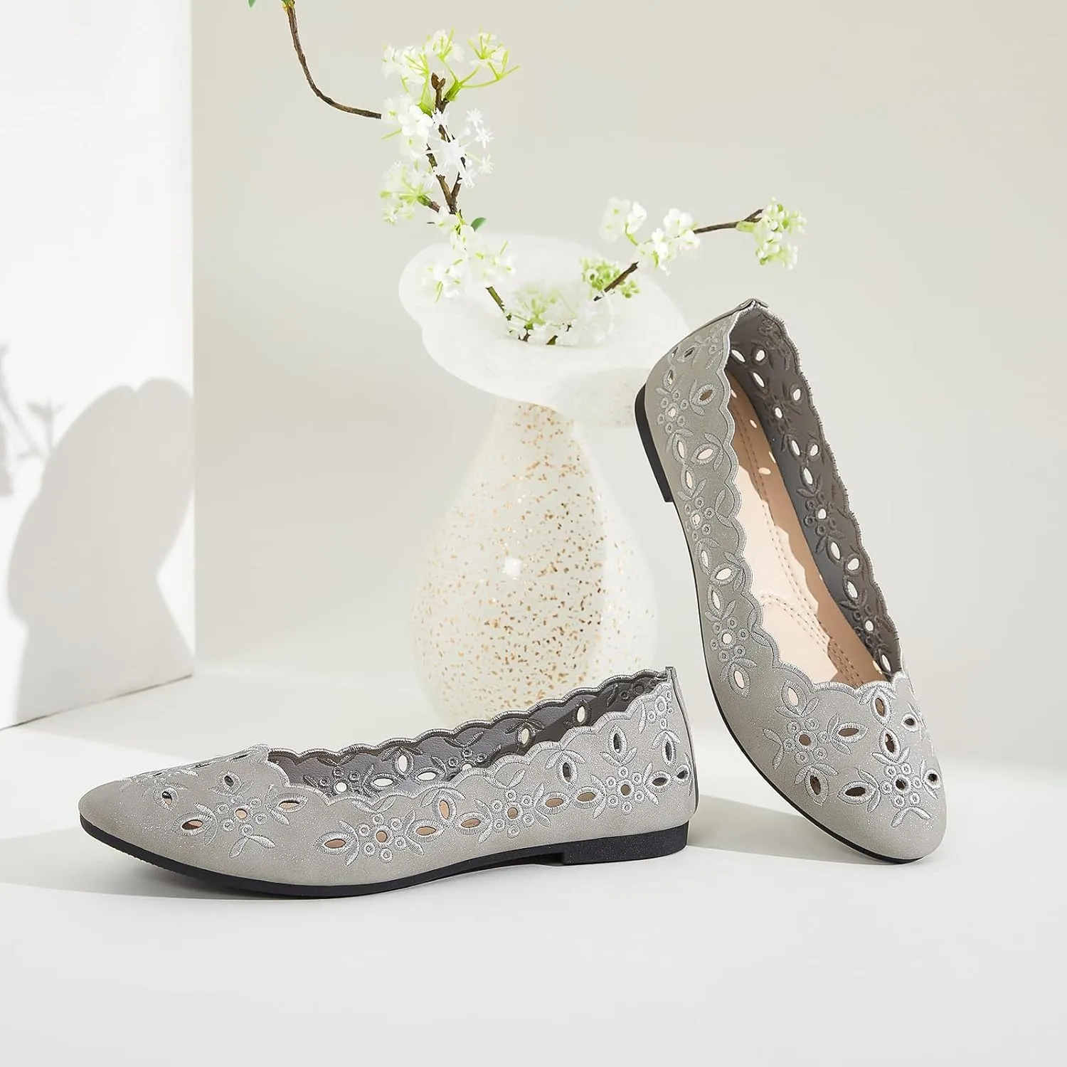 Shupua Women's Comfortable Dress Shoes Ballet Flats Slip On Shoes Black Flats Round Toe PU Leather Flats Summer with Floral Eyelets