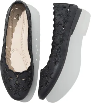 Shupua Women's Comfortable Dress Shoes Ballet Flats Slip On Shoes Black Flats Round Toe PU Leather Flats Summer with Floral Eyelets