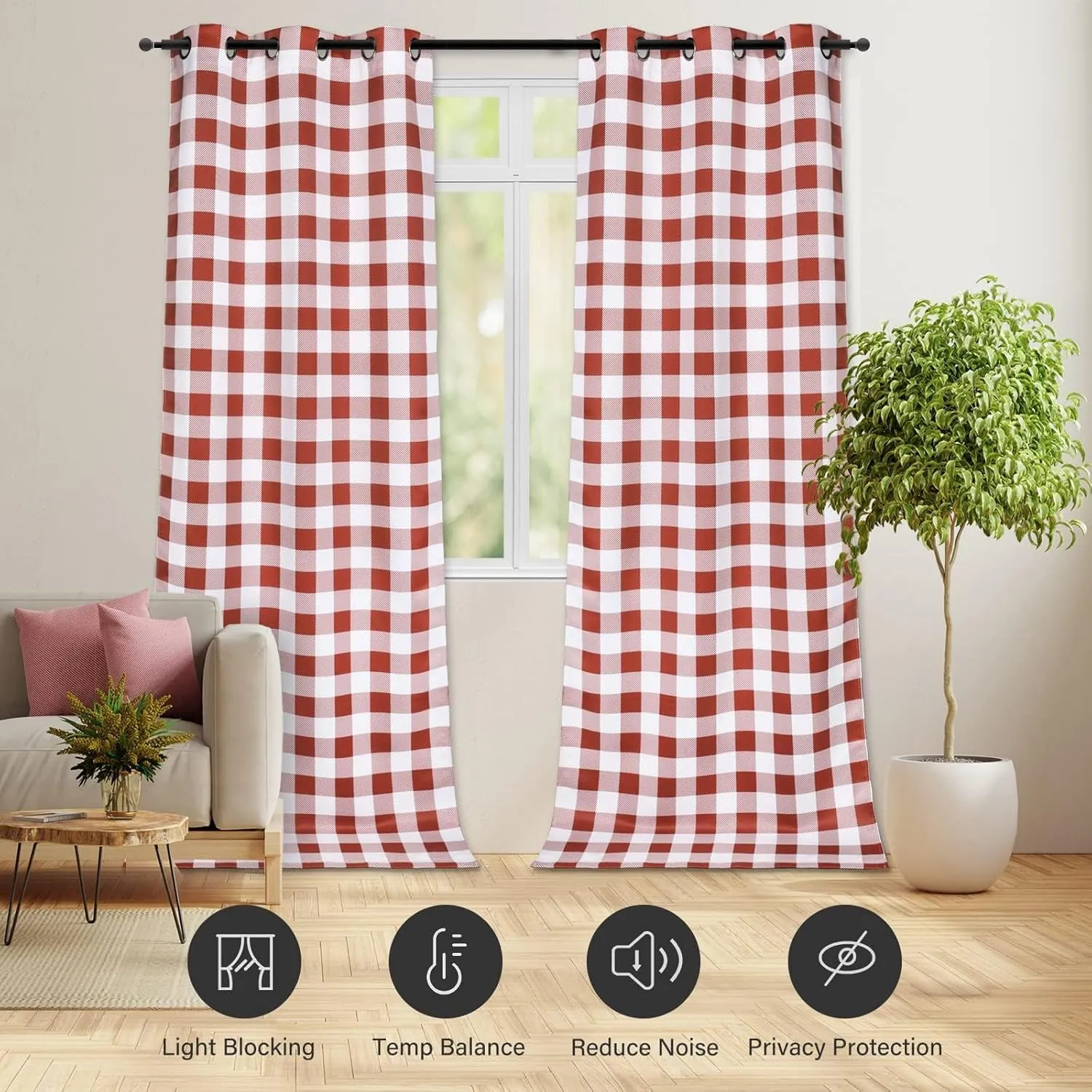 Simple Deluxe 2 Panels Set Blackout Buffalo Plaid Curtains Panels for Bedroom, Living Room, Patio Sliding Door, 95 inches Drop Thermal Insulated Grommet Drapes, 37" W x 95" L, White&Red, New