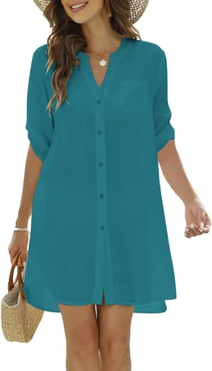SimpleFun Women's Swimsuit Cover Ups 3/4 Sleeve Button Down Shirt Bathing Suit Beach Dresses