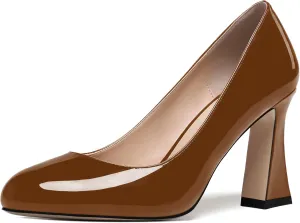 SKYSTERRY Womens Patent Slip On Round Toe Office Casual Spool High Heel Pumps Shoes 3.3 Inch