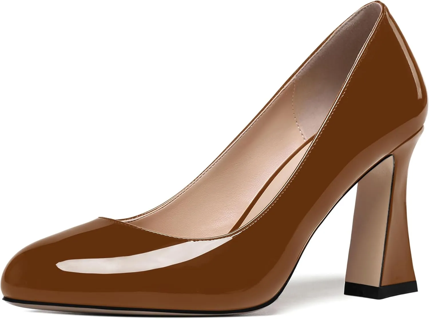 SKYSTERRY Womens Patent Slip On Round Toe Office Casual Spool High Heel Pumps Shoes 3.3 Inch