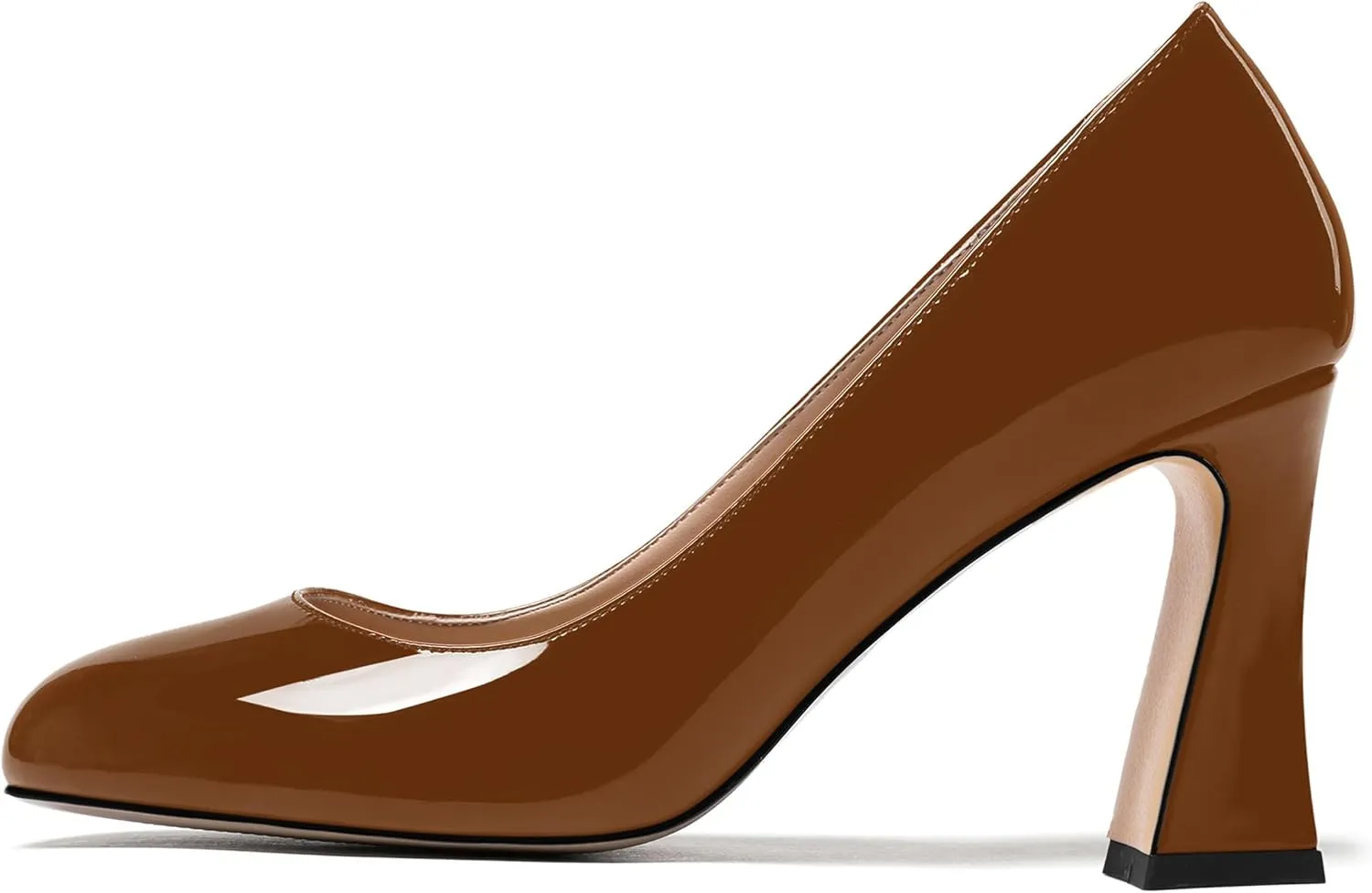 SKYSTERRY Womens Patent Slip On Round Toe Office Casual Spool High Heel Pumps Shoes 3.3 Inch