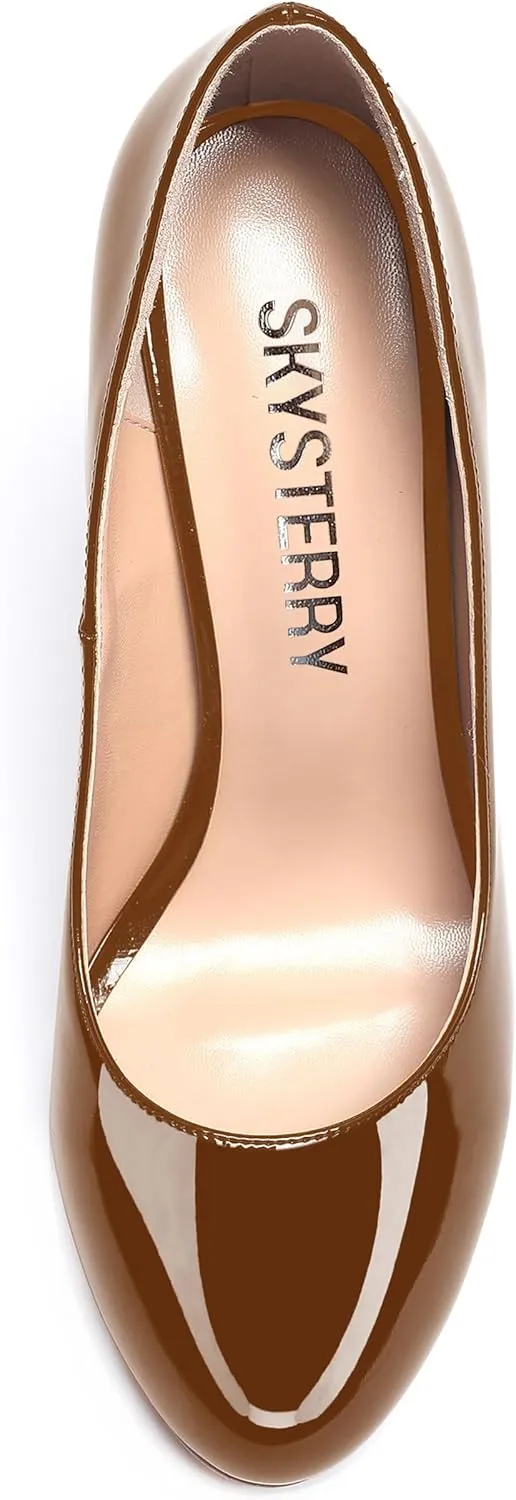 SKYSTERRY Womens Patent Slip On Round Toe Office Casual Spool High Heel Pumps Shoes 3.3 Inch