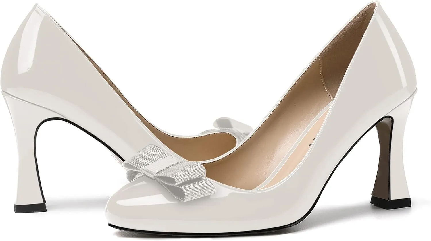 SKYSTERRY Women's Slip On Bow Patent Round Toe Casual Dating Spool High Heel Pumps Shoes 3.3 Inch