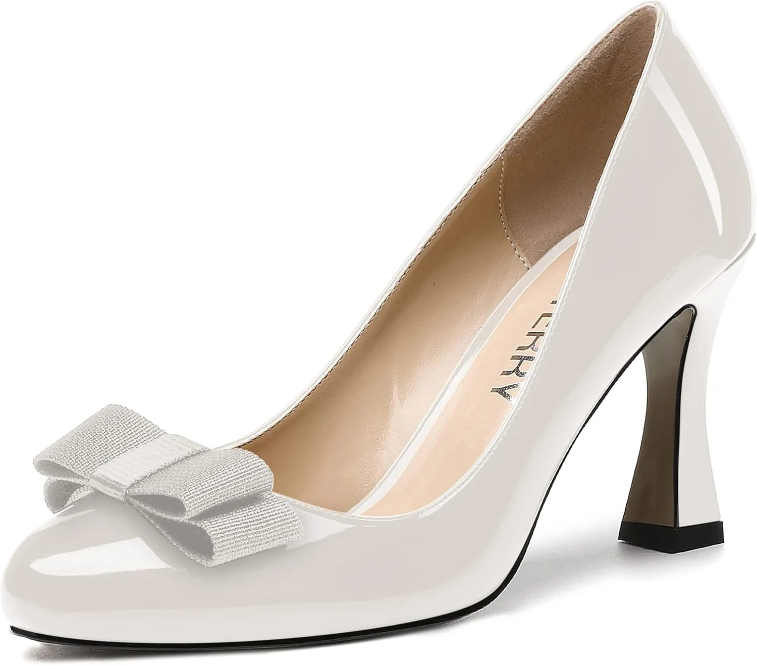 SKYSTERRY Women's Slip On Bow Patent Round Toe Casual Dating Spool High Heel Pumps Shoes 3.3 Inch