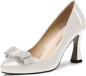 SKYSTERRY Women's Slip On Bow Patent Round Toe Casual Dating Spool High Heel Pumps Shoes 3.3 Inch