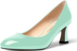 SKYSTERRY Womens Wedding Solid Patent Round Toe Slip On Dress Spool Mid Heel Pumps Shoes 2.5 Inch