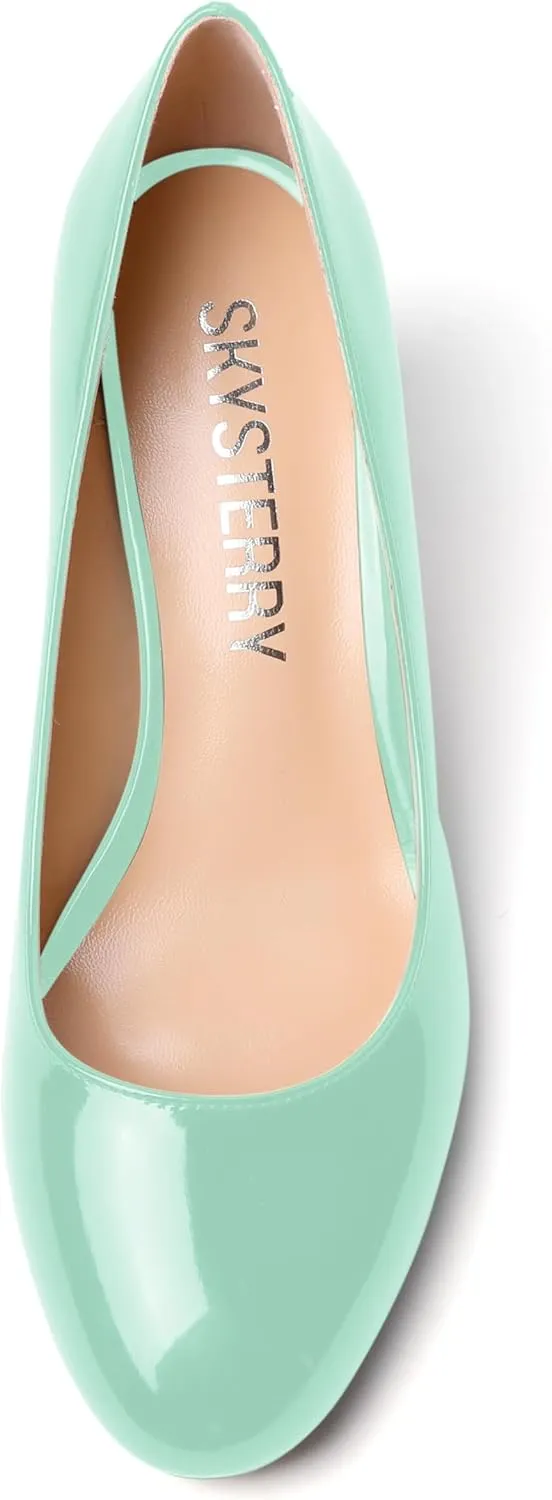 SKYSTERRY Womens Wedding Solid Patent Round Toe Slip On Dress Spool Mid Heel Pumps Shoes 2.5 Inch