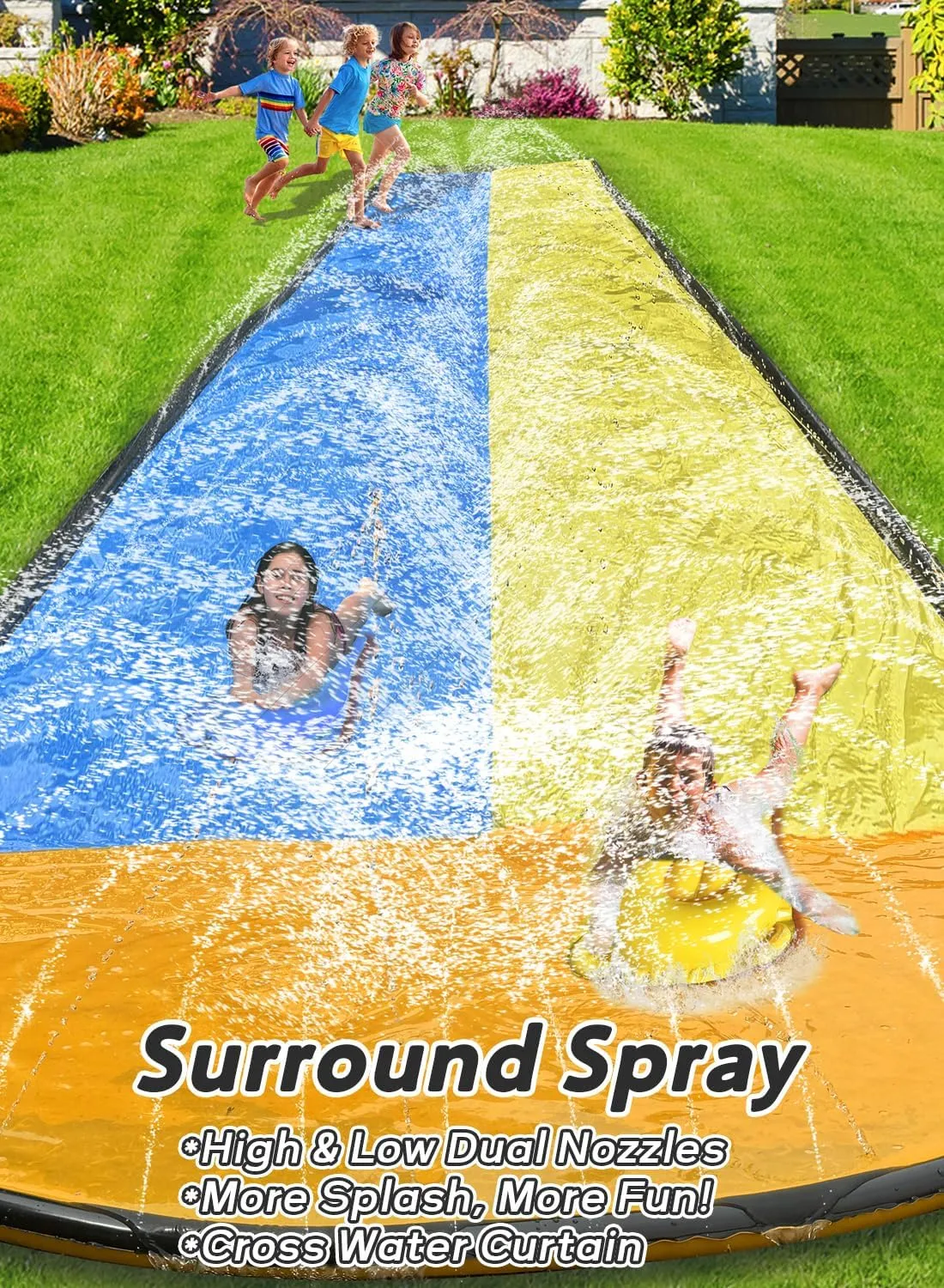 Slip and Water Slip,Water Slide for Kids Backyard 22ft*2 Lane Color-Block,Surrounding Sprinkler Summer Toys for Kids Outdoor with 2 Bodyboards