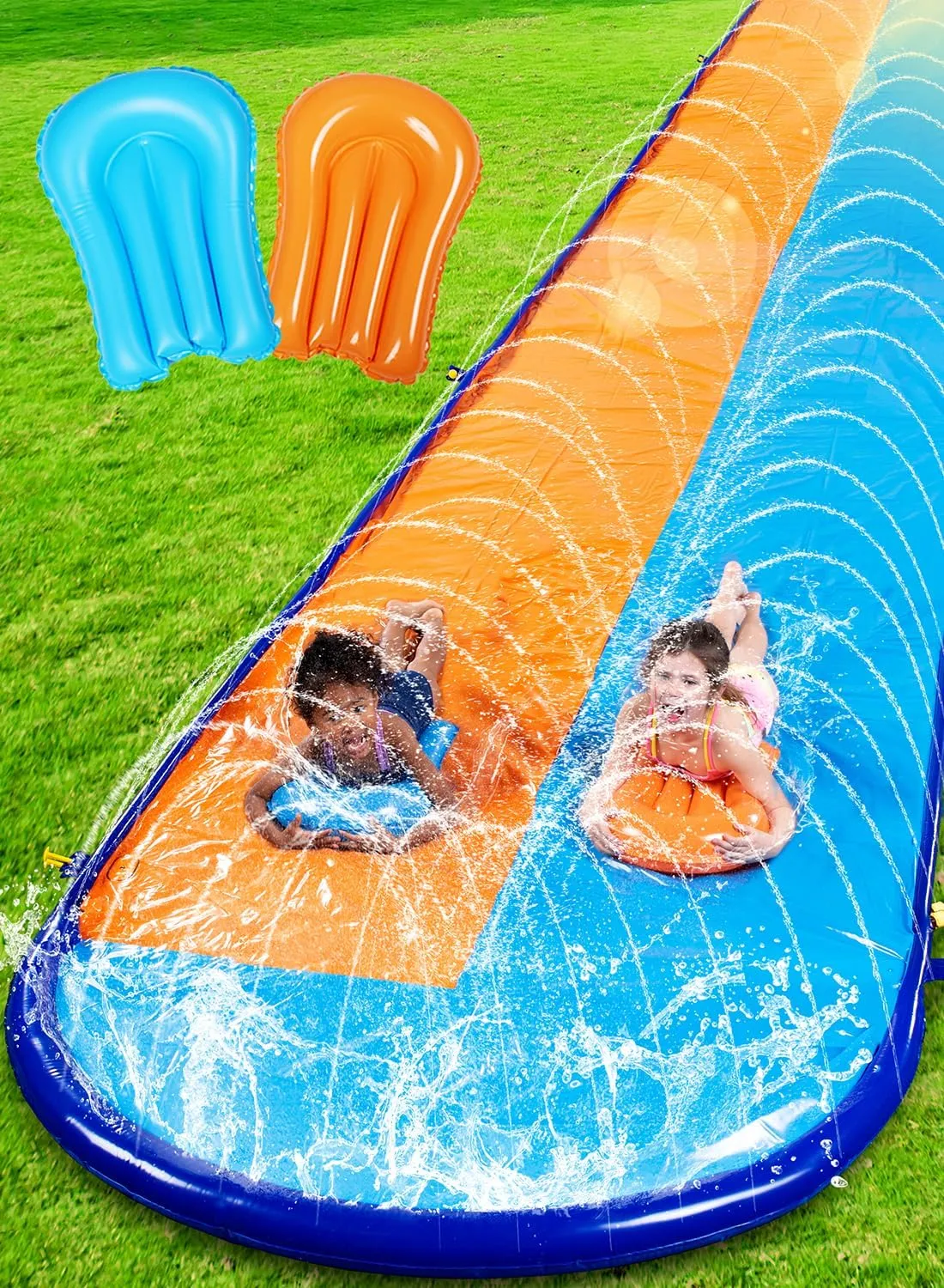 Sloosh 22.5FT Double Water Slides, Heavy Duty Lawn Slip and Slide with Sprinkler and 2 Inflatable Boards Backyard Yard Lawn Summer Outdoor Water Toy for Kids Adults