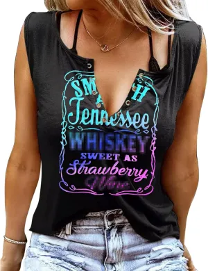 Smooth As Tennessee Tank Top Sweet As Strawberry Shirt Ring Hole Sleeveless Sexy V Neck Womens Retro Country Music Top