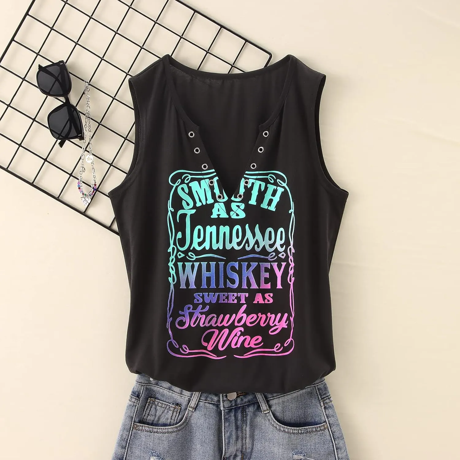 Smooth As Tennessee Tank Top Sweet As Strawberry Shirt Ring Hole Sleeveless Sexy V Neck Womens Retro Country Music Top