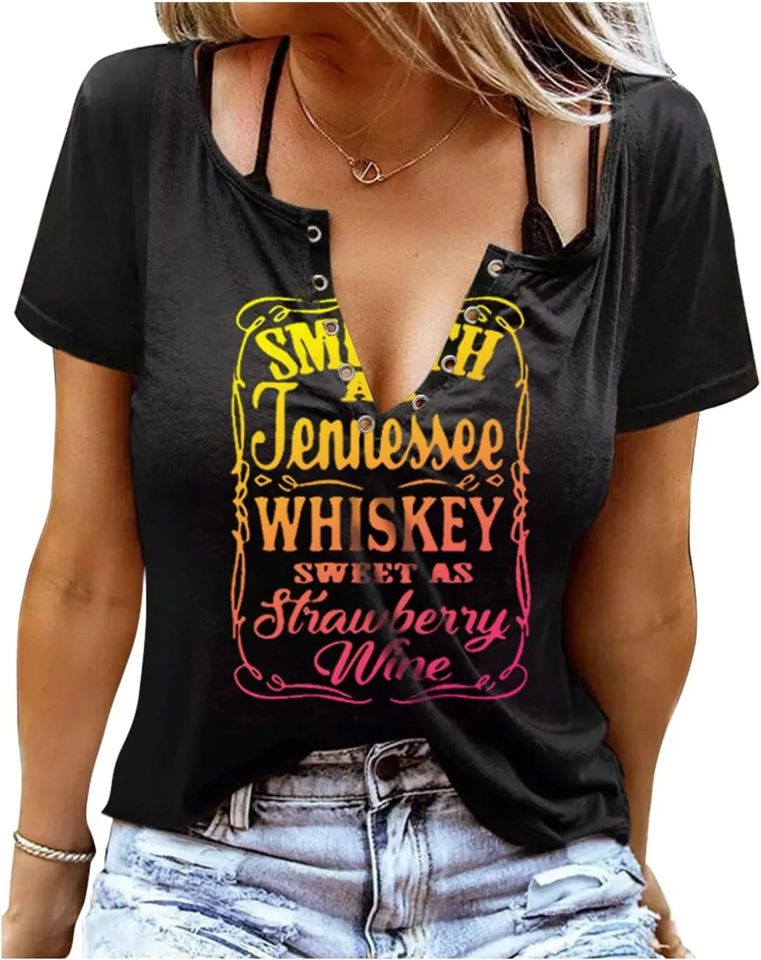 Smooth As Tennessee Whiskey Sweet As Strawberry Wine Country Music Tee Shirt for Women Summer Ring Hole V Neck T Shirts