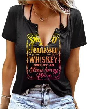 Smooth As Tennessee Whiskey Sweet As Strawberry Wine Country Music Tee Shirt for Women Summer Ring Hole V Neck T Shirts