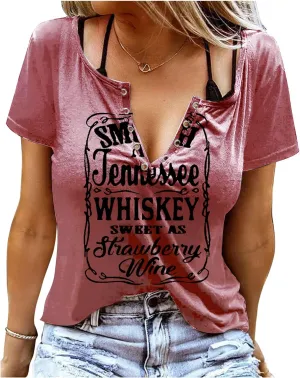 Smooth As Tennessee Whiskey Sweet As Strawberry Wine Country Music Tee Shirt for Women Summer Ring Hole V Neck T Shirts