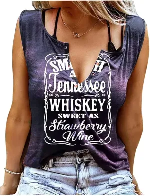 Smooth As Tennessee Whiskey Sweet As Strawberry Wine Tank Top Women Retro Country Music Sexy V Neck Sleeveless Shirt