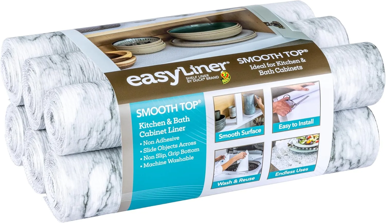 Smooth Top EasyLiner for Cabinets & Drawers - Easy to Install & Cut to Fit - Shelf Paper & Drawer Liner Non Adhesive - Non Slip Shelf Liner - 12 Inch Width - 60 Total Feet - Gray Marble