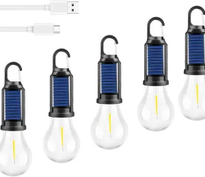 Solar Rechargeable Hooked Camping Light, Solar TentLights USB Rechargeable LED CampingLantern, 2025 New SolarTent Lights Outdoor, Multi-Functional Waterproof Portable Camping HangingLight (Five)