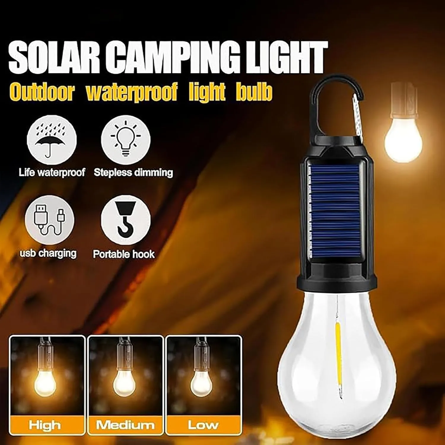 Solar Rechargeable Hooked Camping Light, Solar TentLights USB Rechargeable LED CampingLantern, 2025 New SolarTent Lights Outdoor, Multi-Functional Waterproof Portable Camping HangingLight (Five)