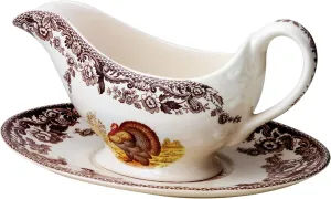 Spode Woodland 11 Oz Sauce Boat and Stand, Porcelain Turkey Motif - Microwave, Oven, Freezer, Dishwasher Safe, Ideal for Serving Gravies, Sauces, Dressings - Thanksgiving and Special Occasions