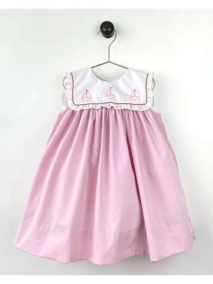 Square Collar Dress with Sailboat Embroidery