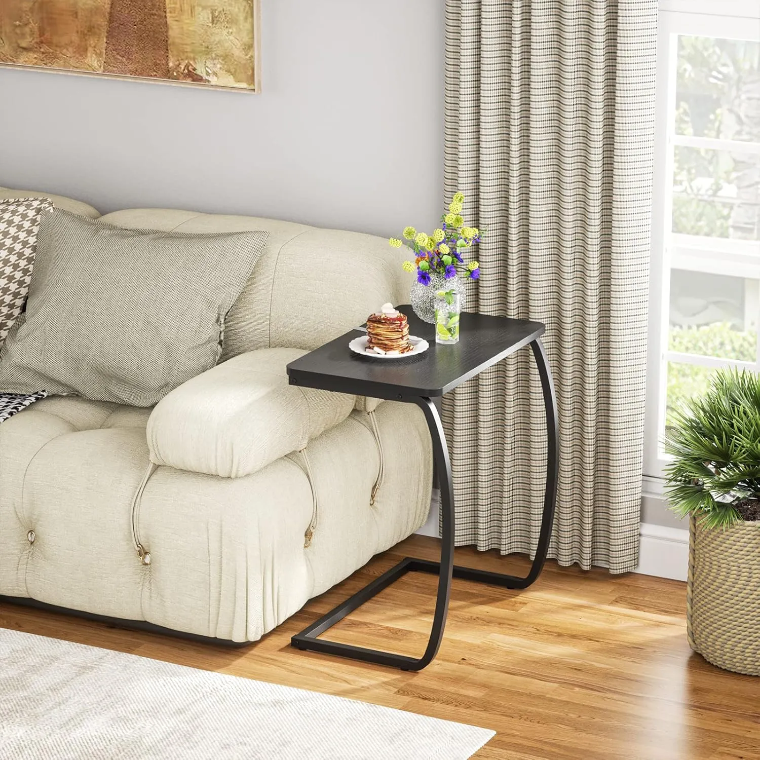 SRIWATANA Side Table, End Table, Vintage C-Shaped Couch Table for Sofa Laptop Coffee Snack, Black