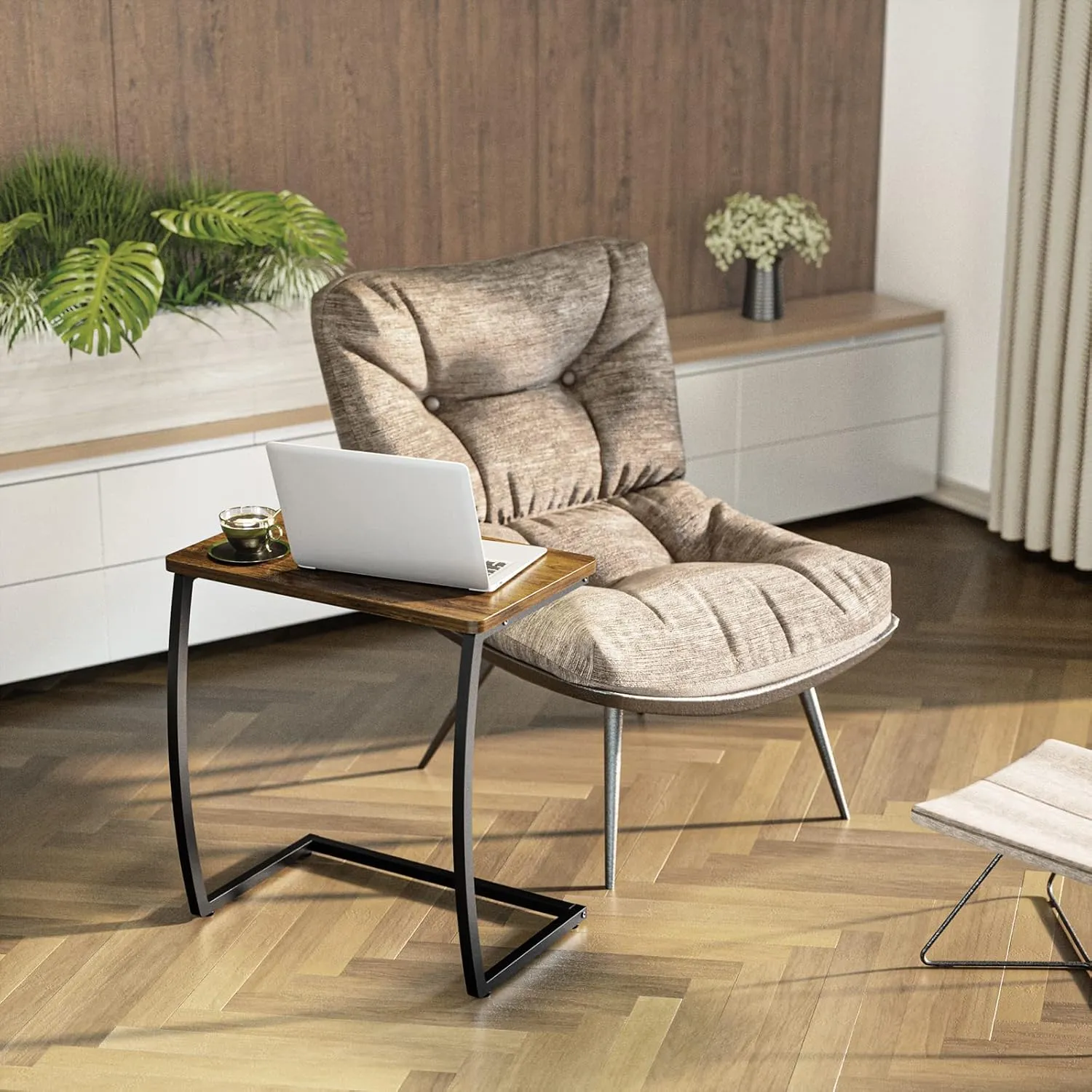 SRIWATANA Side Table, End Table, Vintage C-Shaped Couch Table for Sofa Laptop Coffee Snack, Walnut