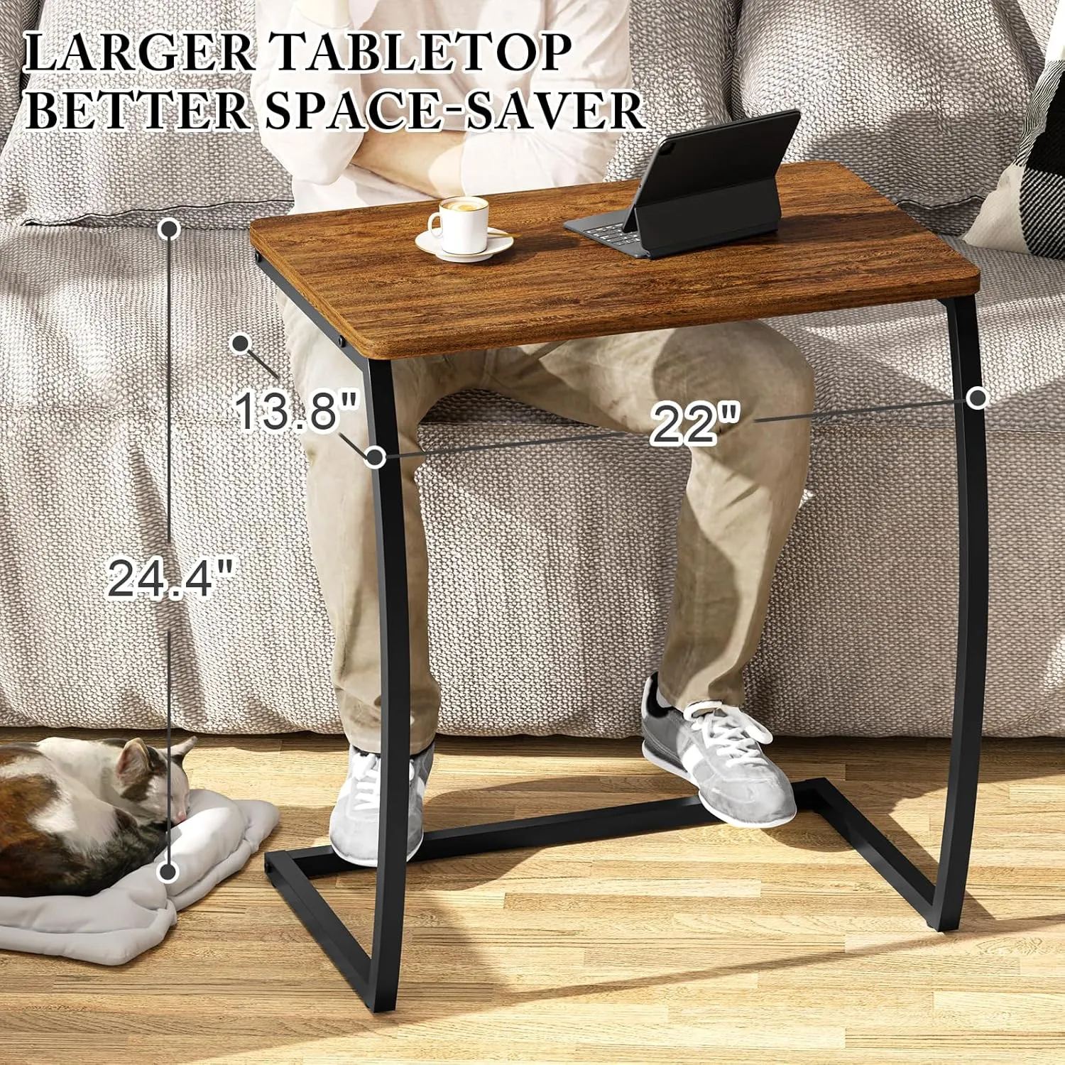 SRIWATANA Side Table, End Table, Vintage C-Shaped Couch Table for Sofa Laptop Coffee Snack, Walnut
