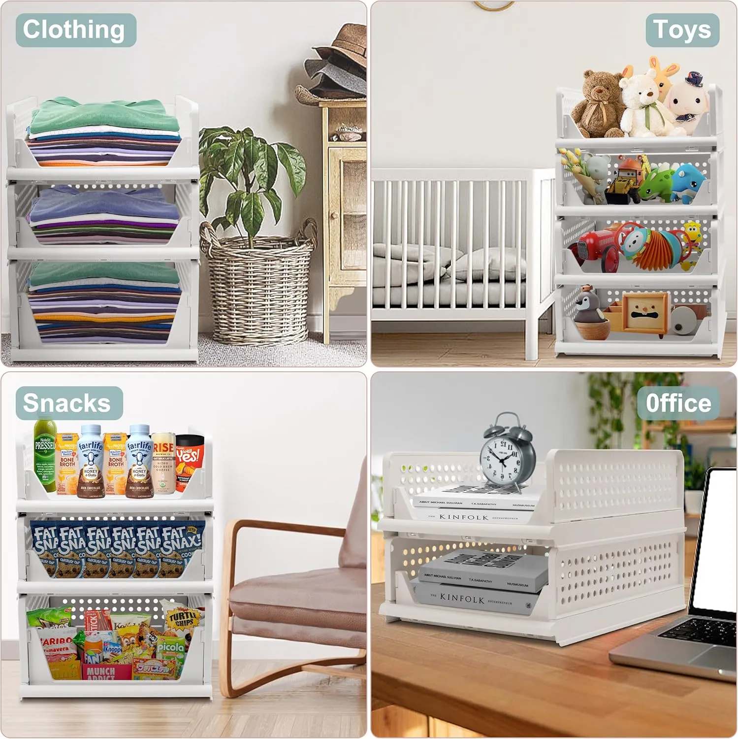 Stackable Foldable Storage Baskets, Folding Storage Bins, Closet Organizers and Plastic Drawer Shelf Storage Container for Wardrobe, Cupboard, Kitchen, Bathroom, Office (White, 2L2S)