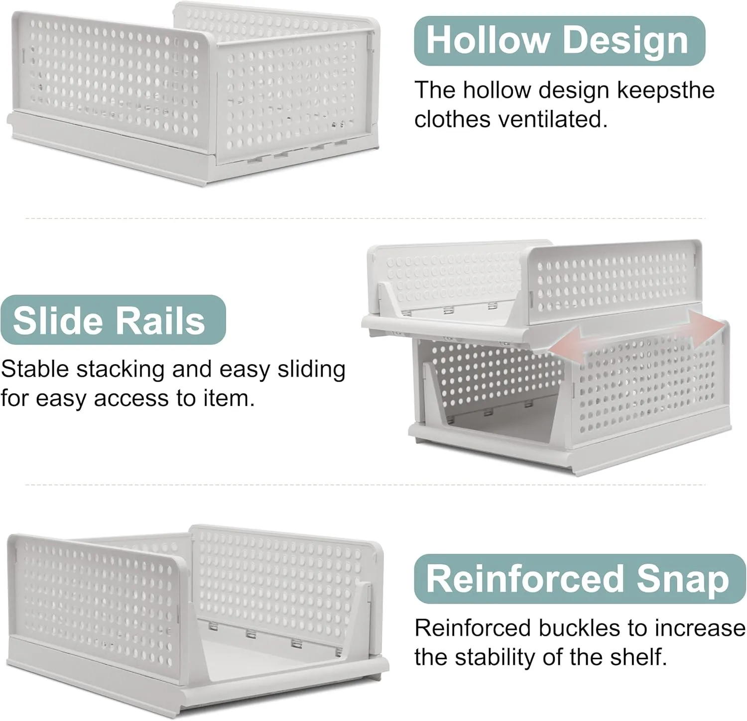 Stackable Foldable Storage Baskets, Folding Storage Bins, Closet Organizers and Plastic Drawer Shelf Storage Container for Wardrobe, Cupboard, Kitchen, Bathroom, Office (White, 2L2S)