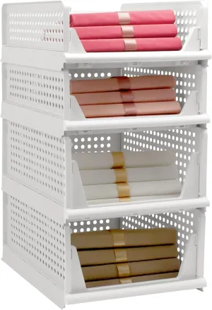 Stackable Foldable Storage Baskets, Folding Storage Bins, Closet Organizers and Plastic Drawer Shelf Storage Container for Wardrobe, Cupboard, Kitchen, Bathroom, Office (White, 2L2S)