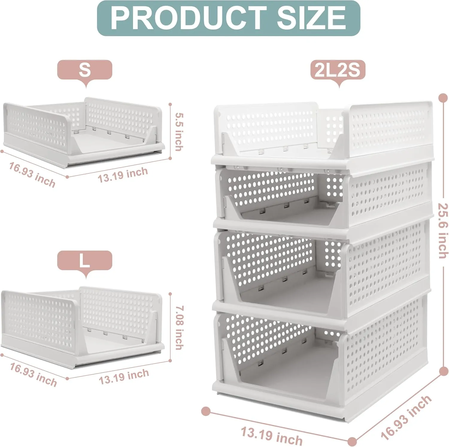 Stackable Foldable Storage Baskets, Folding Storage Bins, Closet Organizers and Plastic Drawer Shelf Storage Container for Wardrobe, Cupboard, Kitchen, Bathroom, Office (White, 2L2S)