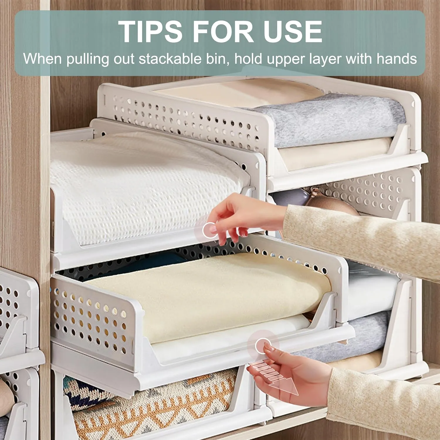 Stackable Foldable Storage Baskets, Folding Storage Bins, Closet Organizers and Plastic Drawer Shelf Storage Container for Wardrobe, Cupboard, Kitchen, Bathroom, Office (White, 2L2S)