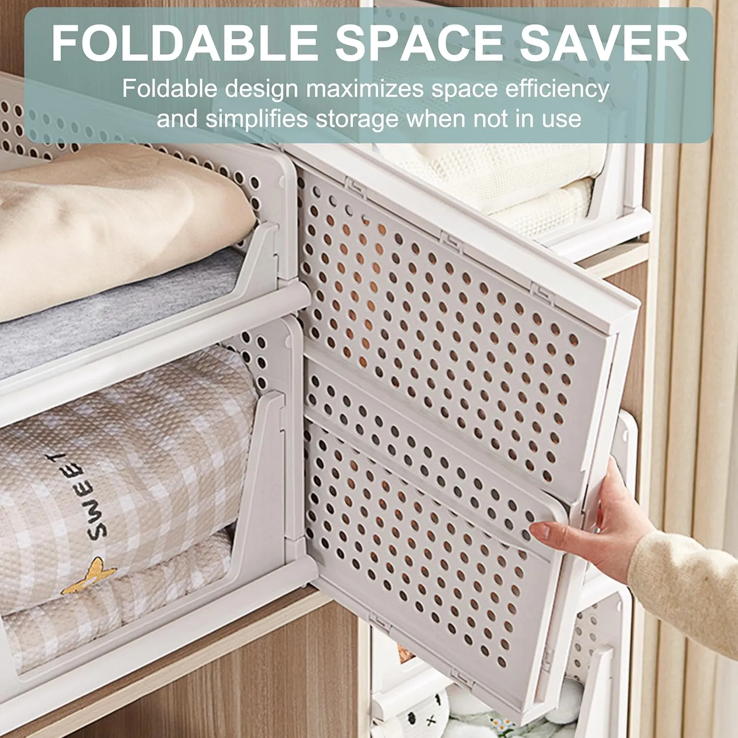 Stackable Foldable Storage Baskets, Folding Storage Bins, Closet Organizers and Plastic Drawer Shelf Storage Container for Wardrobe, Cupboard, Kitchen, Bathroom, Office (White, 2L2S)