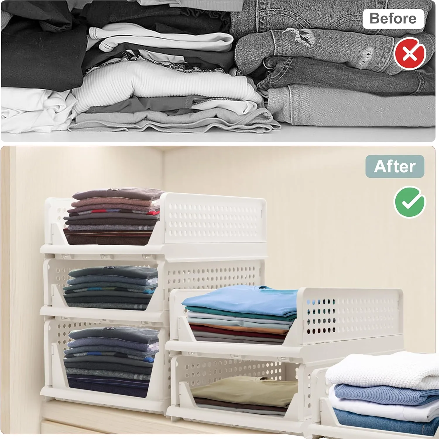 Stackable Foldable Storage Baskets, Folding Storage Bins, Closet Organizers and Plastic Drawer Shelf Storage Container for Wardrobe, Cupboard, Kitchen, Bathroom, Office (White, 2L2S)