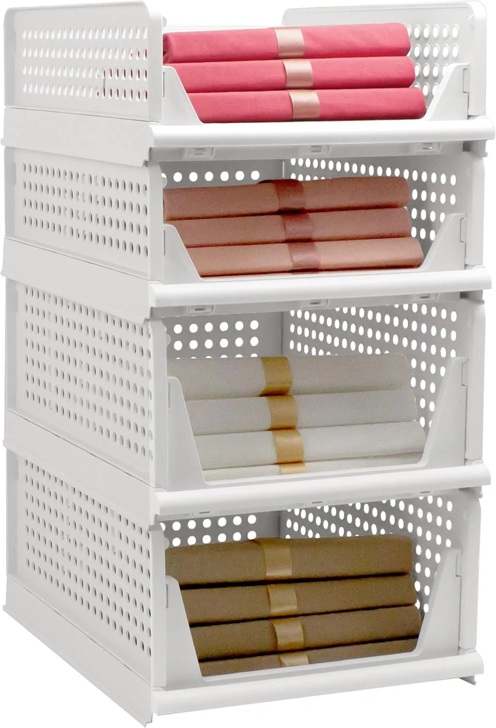 Stackable Foldable Storage Baskets, Folding Storage Bins, Closet Organizers and Plastic Drawer Shelf Storage Container for Wardrobe, Cupboard, Kitchen, Bathroom, Office (White, 2L2S)