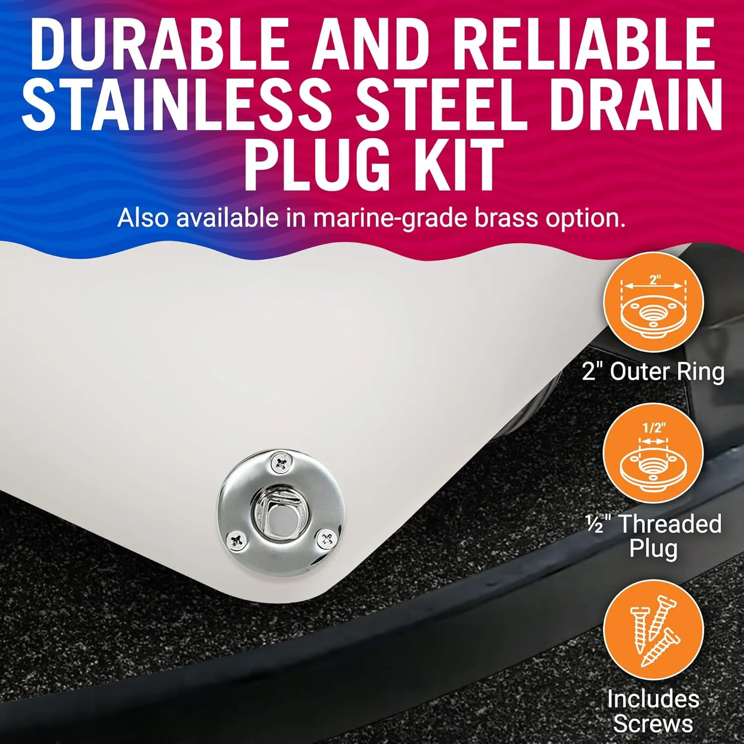 Stainless Steel Boat Drain Plug Kit, 1/2" Threaded Transom Plug, Marine-Grade Garboard Thru-Hull Drain Plug