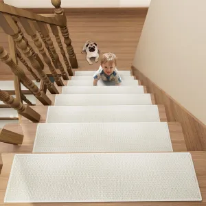 Stair Treads Carpet for Wooden Steps with Non Slip Rubber Backing, 100% Polyester Soft Stairs Resistant Indoor Skid Runner Safety Rugs for Kids Elders and Pets (7, Cream, 30" * 8")