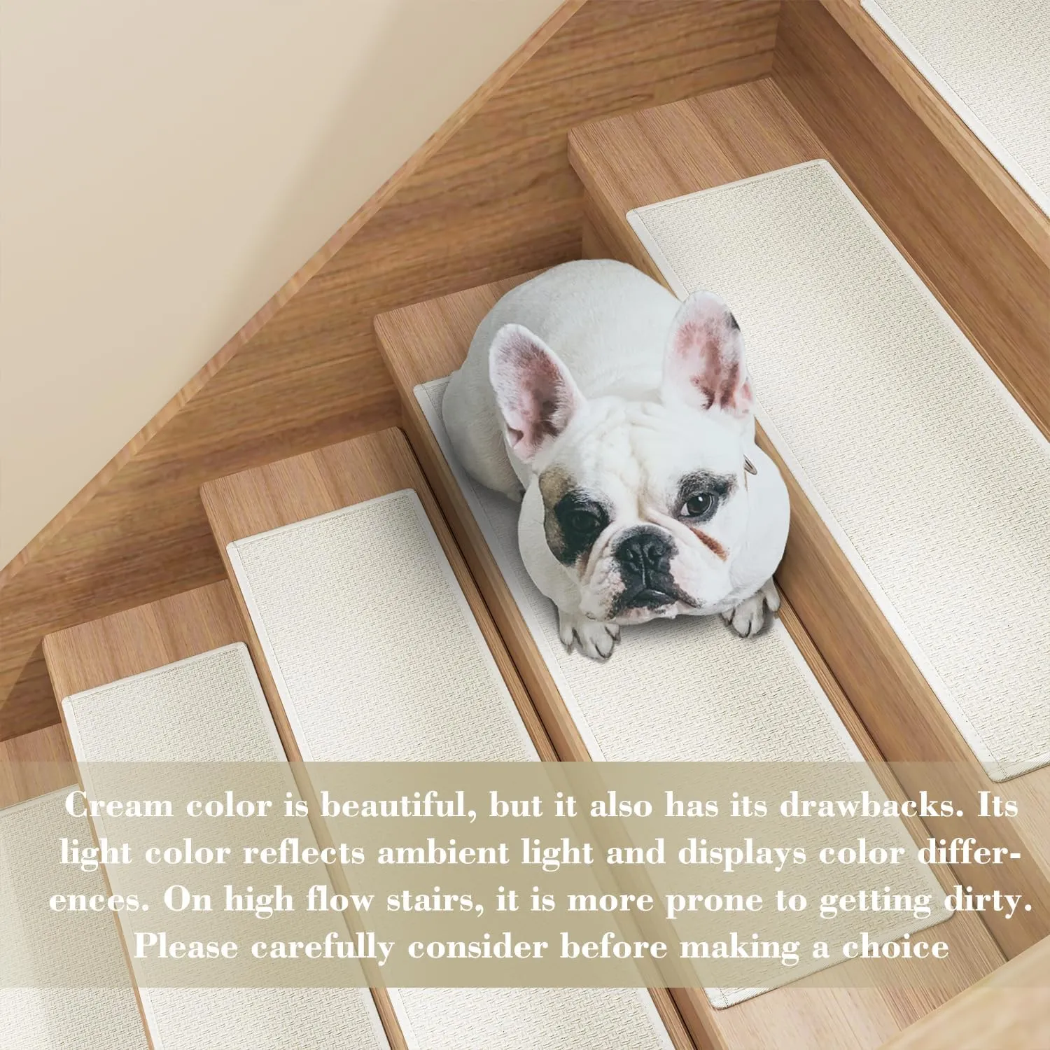 Stair Treads Carpet for Wooden Steps with Non Slip Rubber Backing, 100% Polyester Soft Stairs Resistant Indoor Skid Runner Safety Rugs for Kids Elders and Pets (7, Cream, 30" * 8")