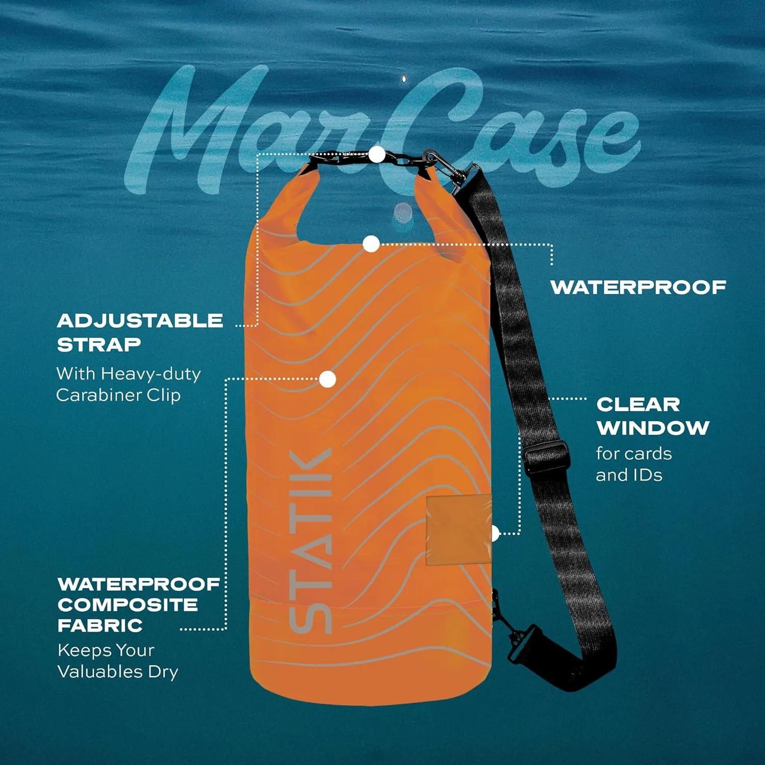 Statik MarCase Waterproof Dry Bag 10L - Roll Top Waterproof Bag, Clear Window for IDs, Light Reflective Outer Pattern, Durable Boating & Kayak Accessories for Fishing, Camping, Swimming (Orange)