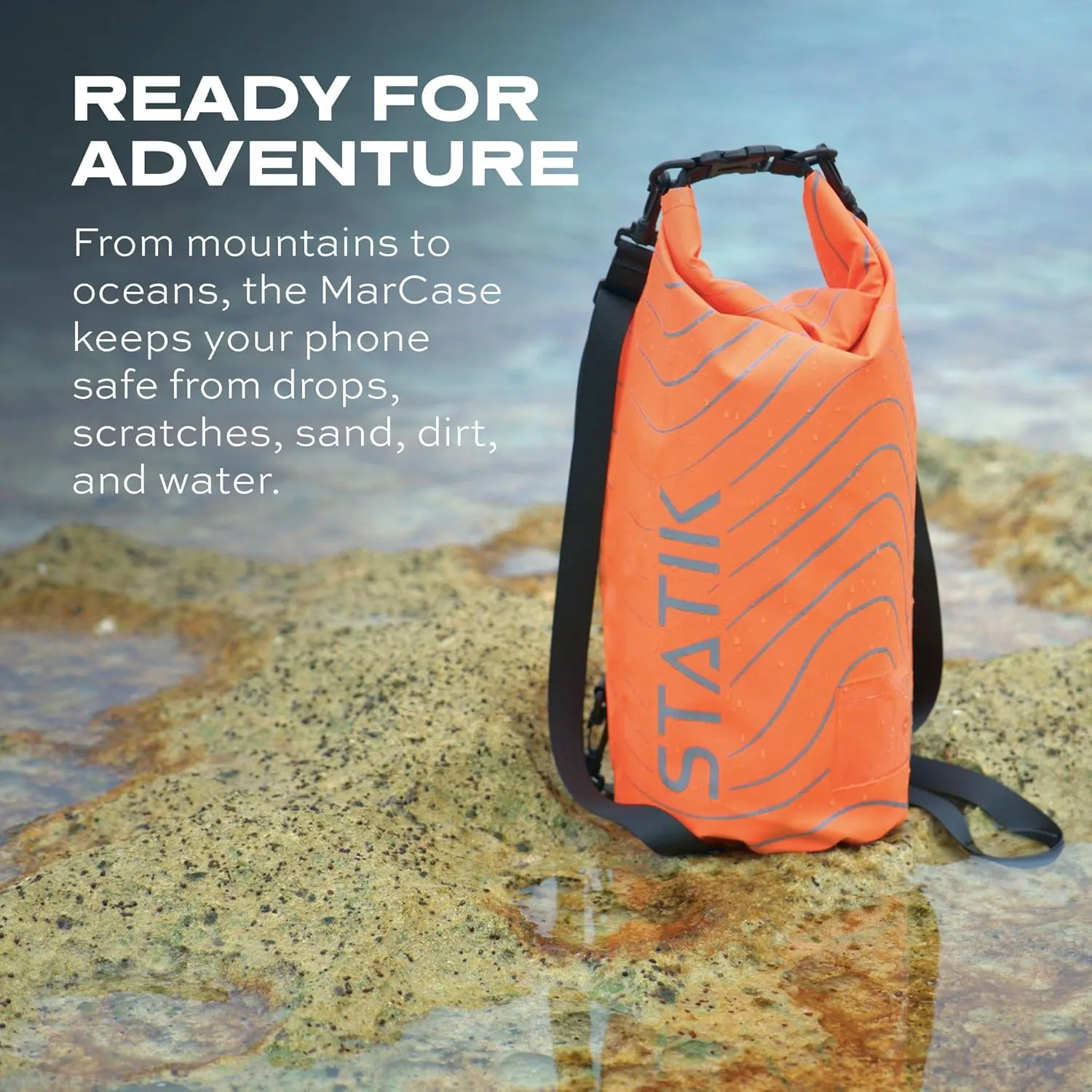 Statik MarCase Waterproof Dry Bag 10L - Roll Top Waterproof Bag, Clear Window for IDs, Light Reflective Outer Pattern, Durable Boating & Kayak Accessories for Fishing, Camping, Swimming (Orange)
