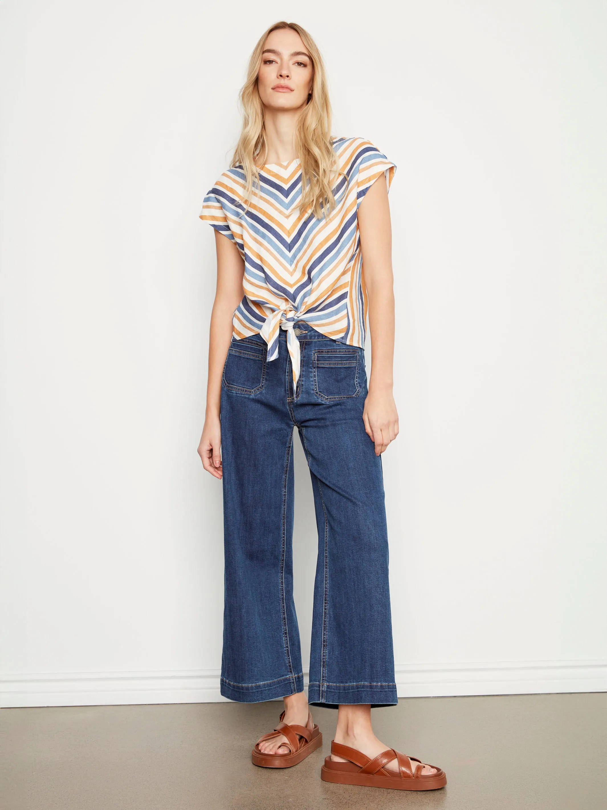 Striped Linen Blend Tie-Front Blouse - Denim