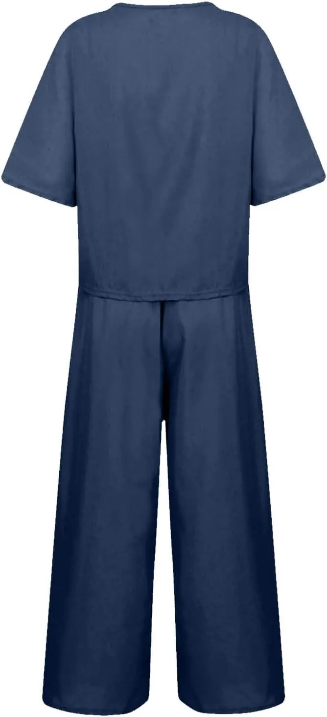 Summer 2 Piece Sets For Women 2024 Casual Loose Tops & Wide Leg Pants Matching Lounge Set Linen Beach Vacation Outfits