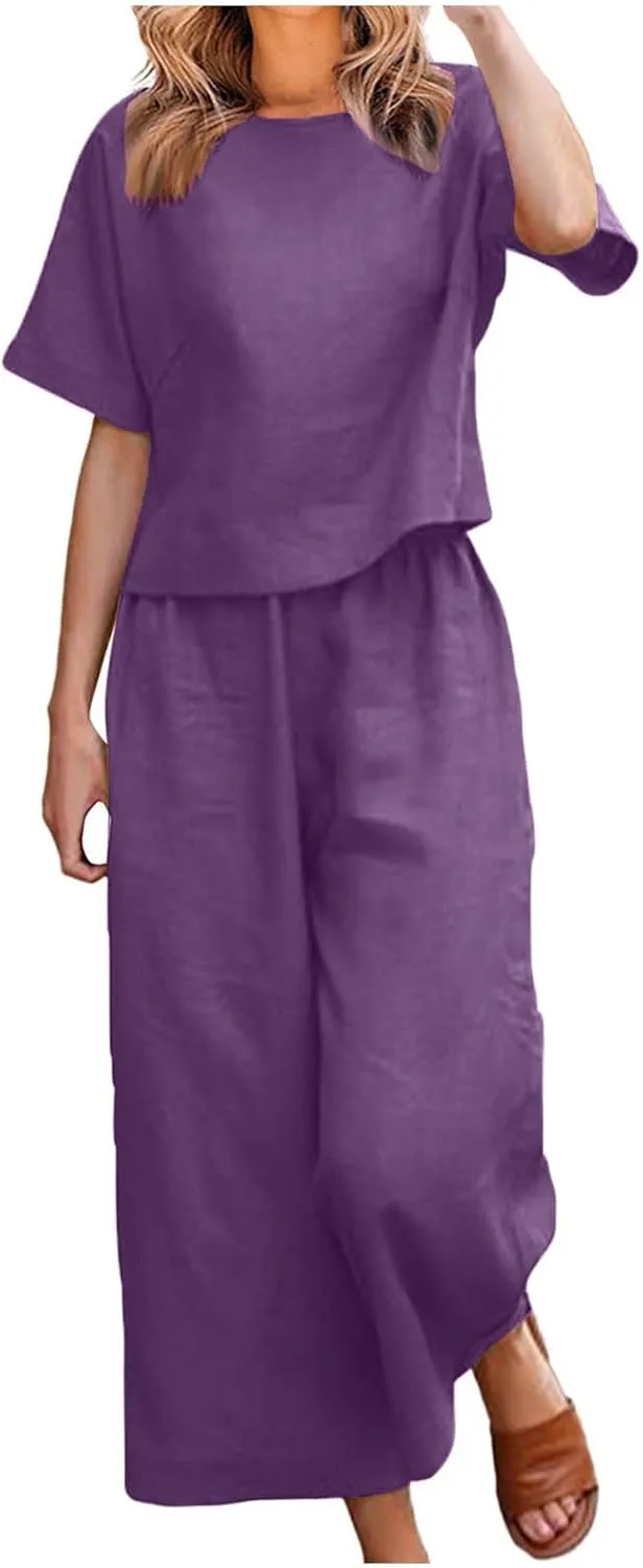 Summer 2 Piece Sets For Women 2024 Casual Loose Tops & Wide Leg Pants Matching Lounge Set Linen Beach Vacation Outfits