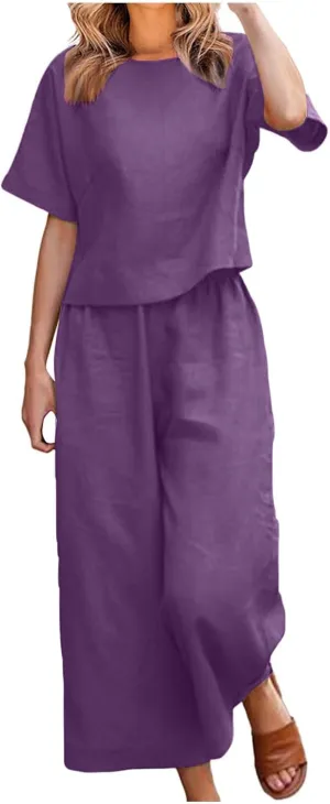 Summer 2 Piece Sets For Women 2024 Casual Loose Tops & Wide Leg Pants Matching Lounge Set Linen Beach Vacation Outfits