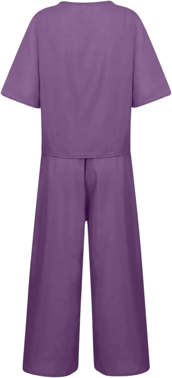 Summer 2 Piece Sets For Women 2024 Casual Loose Tops & Wide Leg Pants Matching Lounge Set Linen Beach Vacation Outfits